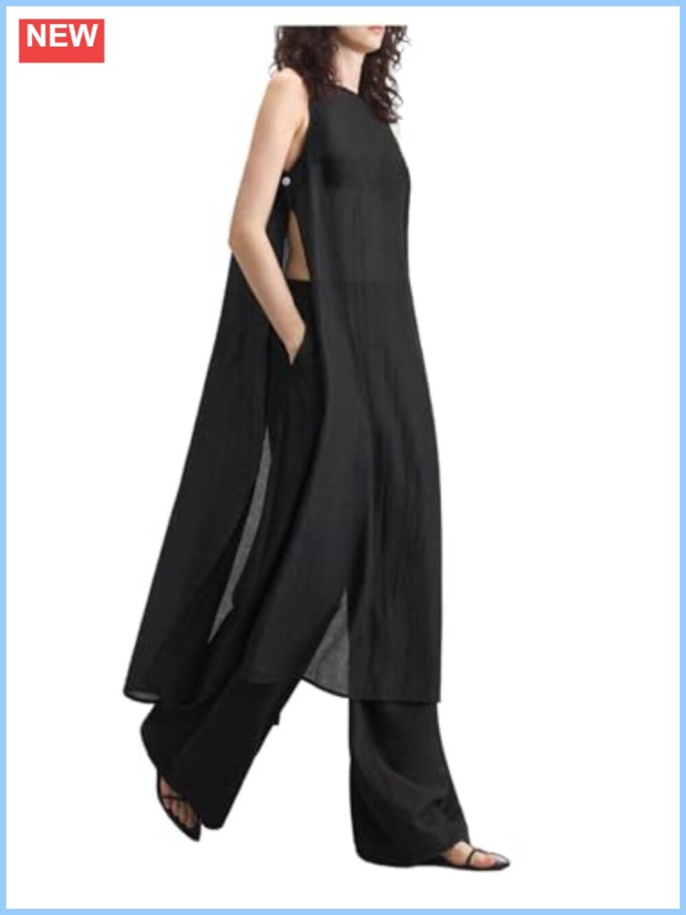 Sheer Flowy Long Tank Top Split Side Crew Neck Sleeveless Women's